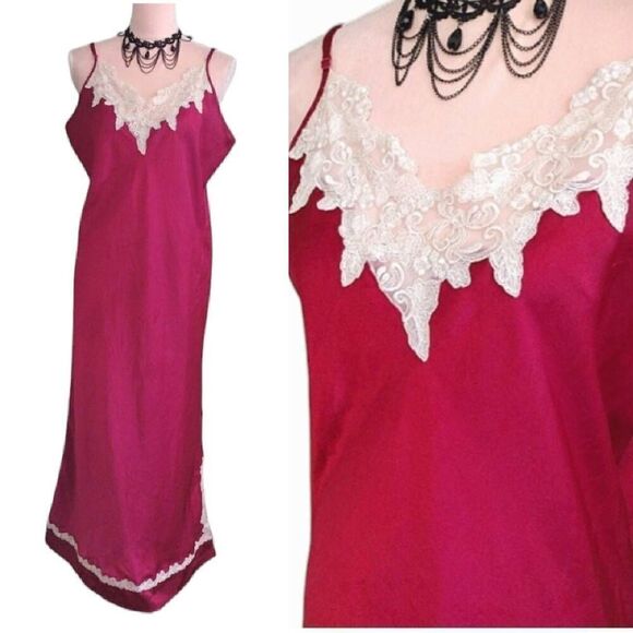 VTG Red Satin White Lace Trim Long Lingerie Slip Dress with Slit Large - Picture 1 of 16